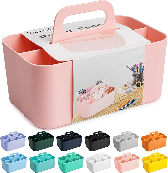 Tiawudi Multipurpose Caddy Organizer, Plastic Caddy with Handle, Stackable Desk Organizer for Stationery, Marker and Pencil, Office Supplies Organizer, Dorm Caddy