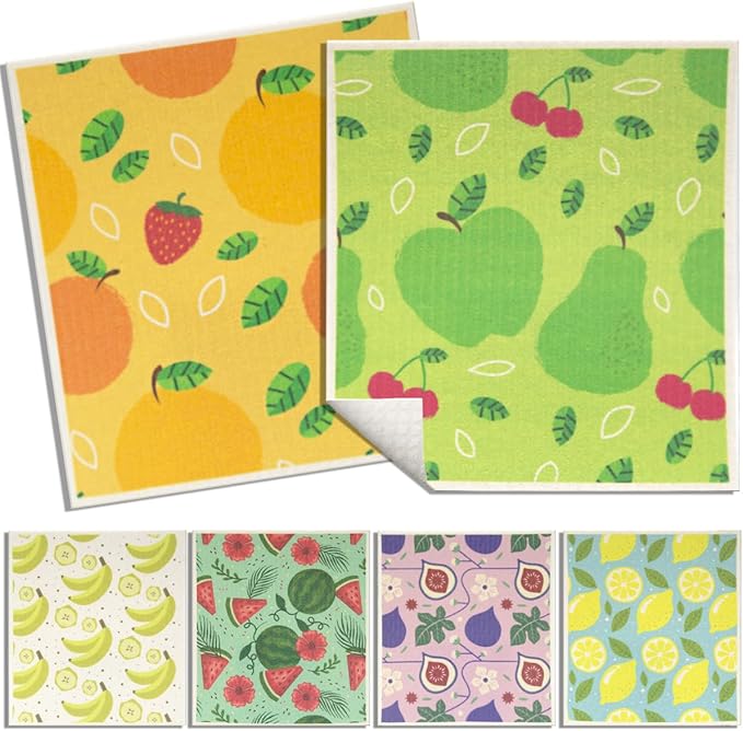 6 - Pack Swedish Kitchen Dish Cloths - Reusable Paper Towels for Counters & Dishes - Eco Friendly Cellulose Sponge Cloth (Fruits)