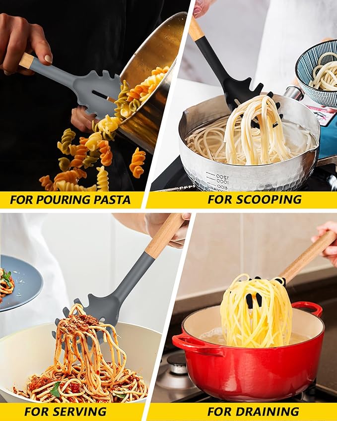 Pack of 2 Spaghetti Spoon, Silicone Pasta Fork with Wooden Handle, Heat Resistant Noodle Spoon Server, BPA Free Spaghetti Strainer(BLACK-GRAY)