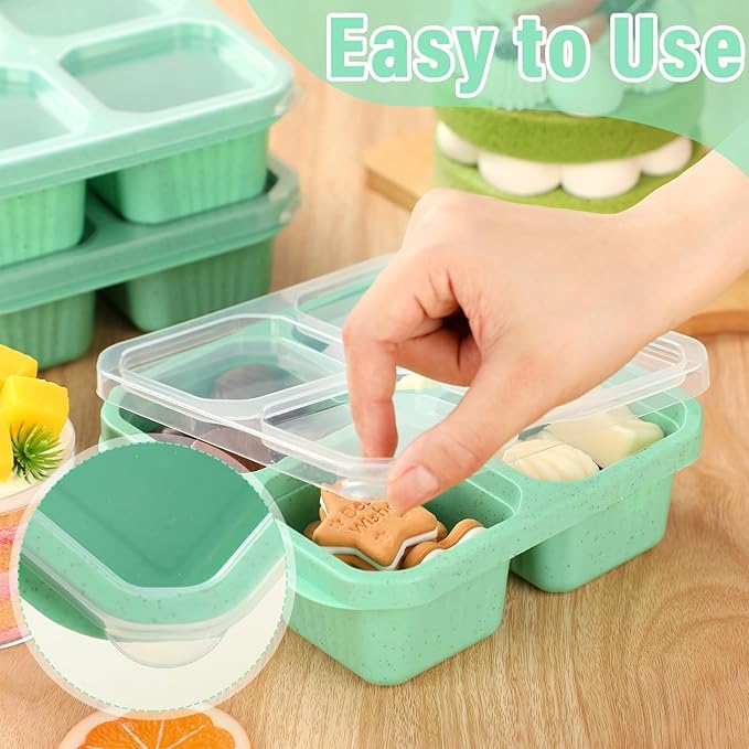 Ziliny 12 Pcs 4 Divided Compartments Snack Containers Bento Wheat Straw Snack Box with Lid Reusable Meal Prep Lunch Box Food Storage Containers for Adults Christmas Travel Work Gifts(Green)
