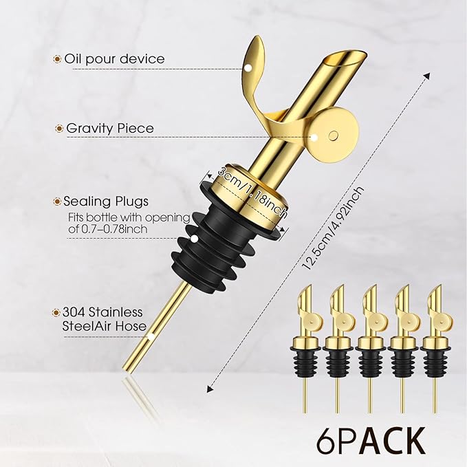 Kinlop 6 Pcs Weighted Stainless Steel Liquor Bottle Pourers Auto Flip Olive Oil Dispenser Spout Balsamic Alcohol Pourer Spouts (Gold)