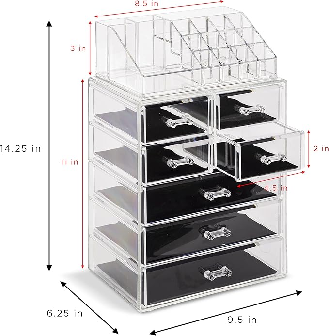 Sorbus Acrylic Makeup Organizer Set, 7-Drawer Vanity & Countertop Cosmetic Storage with Small & Wide Compartments, CLear Makeup Storage for Brushes