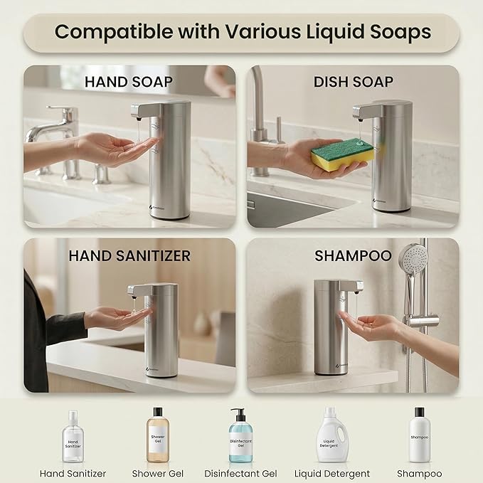 GentleJet SmoothDrop Automatic Liquid Soap Dispenser – Touchless, No-Drip Precision Pump, USB-C Rechargeable, 304 Stainless Steel, Waterproof Countertop Dispenser for Kitchen & Bathroom Sink, 270 ml