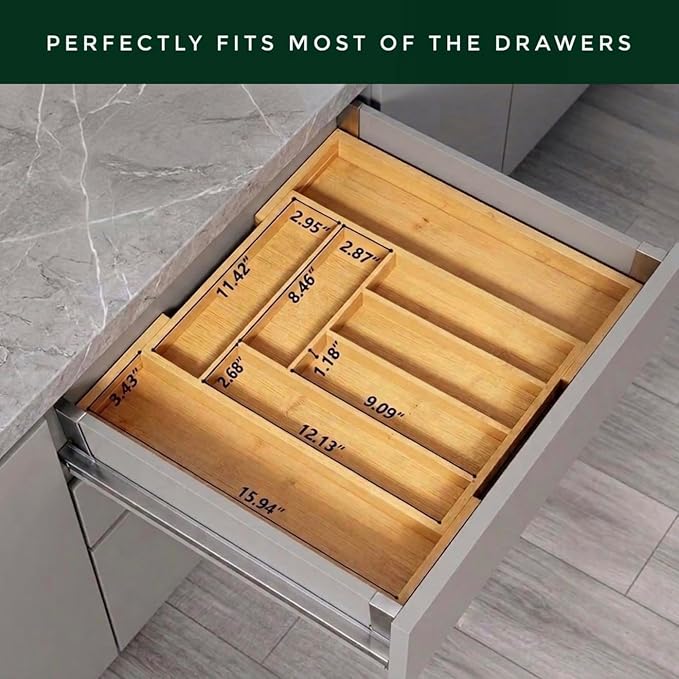 Bamboo Drawer Organizer, Expandable 8-Slot Silverware & Utensil Tray for Kitchen Drawers, Fits 13–19.5 Inch Drawers, Deep Compartments