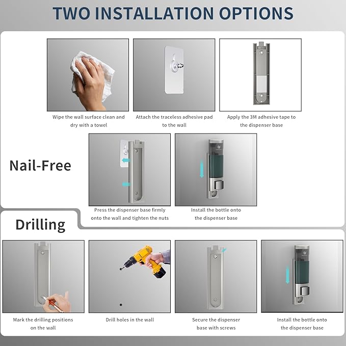 Manual Soap Dispenser Wall Mount, 6.76oz/200ml Liquid Soap Dispenser for Kitchen, No Drill Bathroom Shampoo and Conditioner Dispenser, Refillable Hand Sanitizer Dispenser for Home & Office (Sliver)