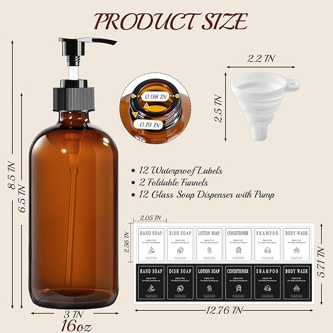 TBWIND 12 Pack Amber Glass Bottles 16oz with Pump Dispensers, Refillable Empty Pump Bottles for Bathroom, Kitchen, Shampoo, Soap, Lotion – Includes 2 Funnels & 12 Labels