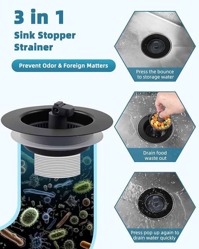 Universal 3 in 1 Kitchen Sink Drain Strainer Stopper Combo, Black Stainless Steel Shell Pop Up Sink Stopper for US Standard 3-1/2 inch Drain Filter