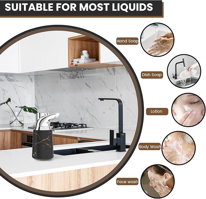 Automatic Liquid Soap Dispenser Touchless:350ML Ceramic Material -4 Level Adjustable Hand & Dish Electric Dispenser,Waterproof Type-c Rechargeable Auto Soap Pump for Bathroom,Kitchen