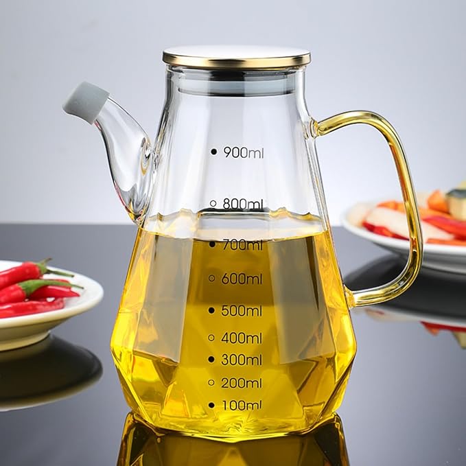 Glass Oil Dispenser Bottle - Glass Olive Oil Bottle for Kitchen, Wide Mouth Borosilicate Glass Cooking Oil Bottles with Lid and Handle (900ML)