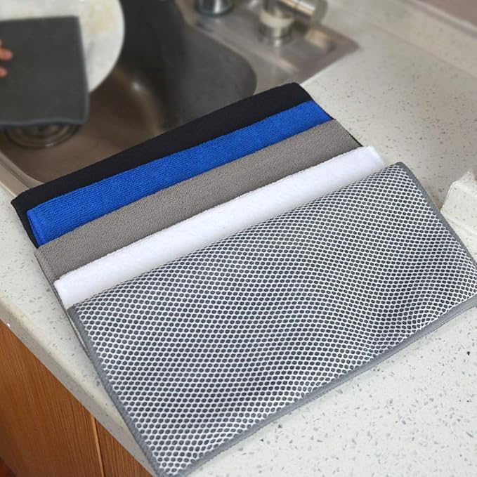 SINLAND Microfiber Dish Cloth for Washing Dishes Best Kitchen Washcloth Cleaning Cloths Poly Scour Side 12inchx12inch 5 Pack (Blue+White+Grey+Brown+Black)