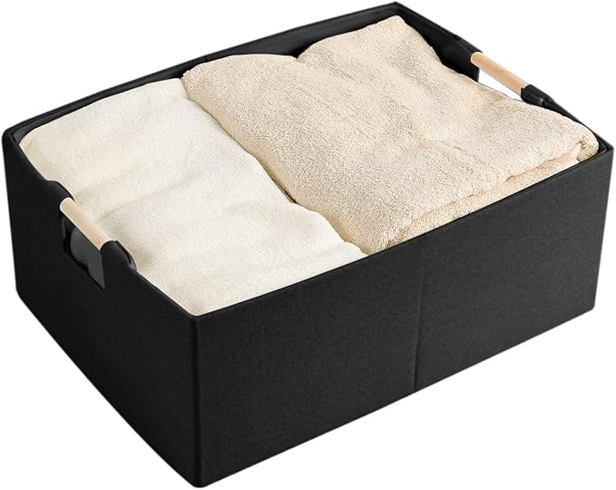 Fabric Storage Bin Box Foldable Cotton Linen Storage Basket with Wooden Handles Rectangular Cube Decorative Home Laundry Organizer Clothes Blanket Container – Black, Small