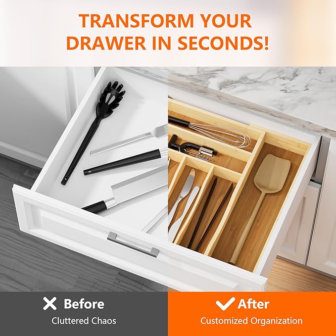 Bamboo Expandable Drawer Organizer Tray with Dividers, Adjustable Kitchen Flatware Organizers for Utensils & Silverware, 6-8 Slots Curved Groove Storage (Natural)