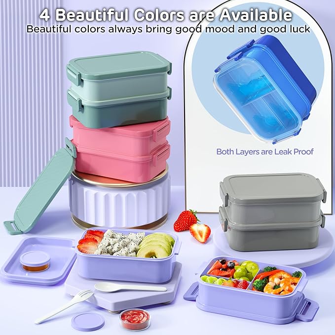 Lunch Box Adults Bento Box - 74 OZ All-in-One Stackable Lunch Box Containers for Adult Large Bento Box with Fork Spoon Sauce Boxes