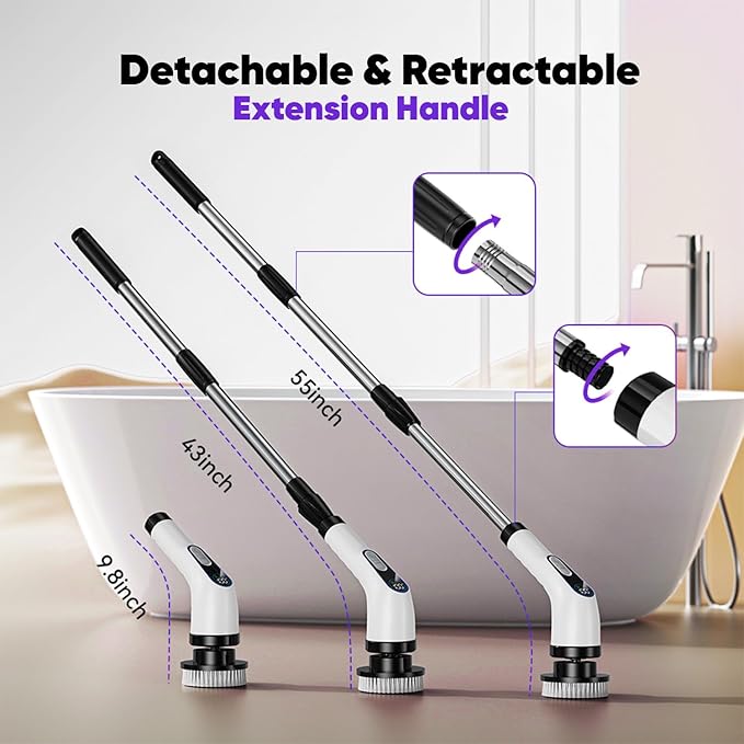 Electric Spin Scrubber Cordless – Powerful Bathroom Cleaning Brush with Long Handle, 2 Speeds, 3000mAh Rechargeable, 7 Brush Heads, Wall Hanger & Crevice Tools – Shower, Tub & Tile Cleaner
