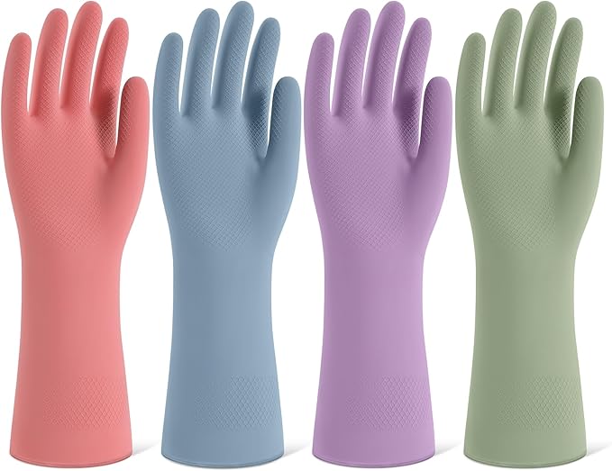 Rubber Cleaning Gloves for Dishwashing, 4 Pairs Reusable Kitchen Gloves for Washing Dishes and Household Cleaning, Colorful Dish Gloves with Flocked Lining and Non-Slip Grip, Pefect for Woman Men - S