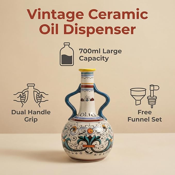 Ceramic Olive Oil Dispenser Bottle 23oz, Large Olive Oil Container for Kitchen, Oil & Vinegar Cruet with Stainless Steel Spout, Ceramic Oil Dispenser with Handle, Drip-Free Cooking Cruet (B)