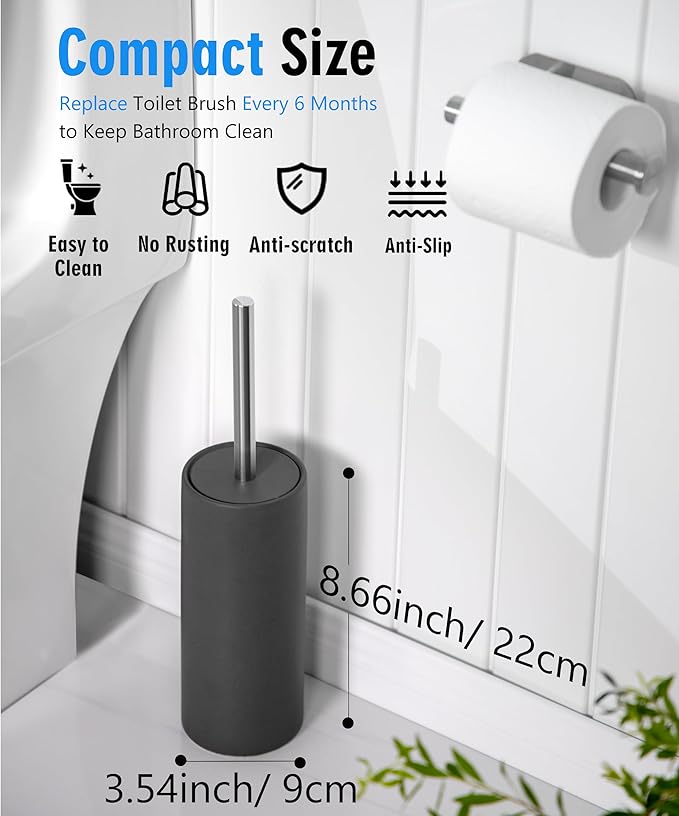 Matt Gray Ceramic Toilet Brush and Holder Set, Freestanding Toilet Bowl Cleaners Brush, Scrubber Brush for Toilet, Bathroom Accessories with Stainless Handle, Deep Cleaning