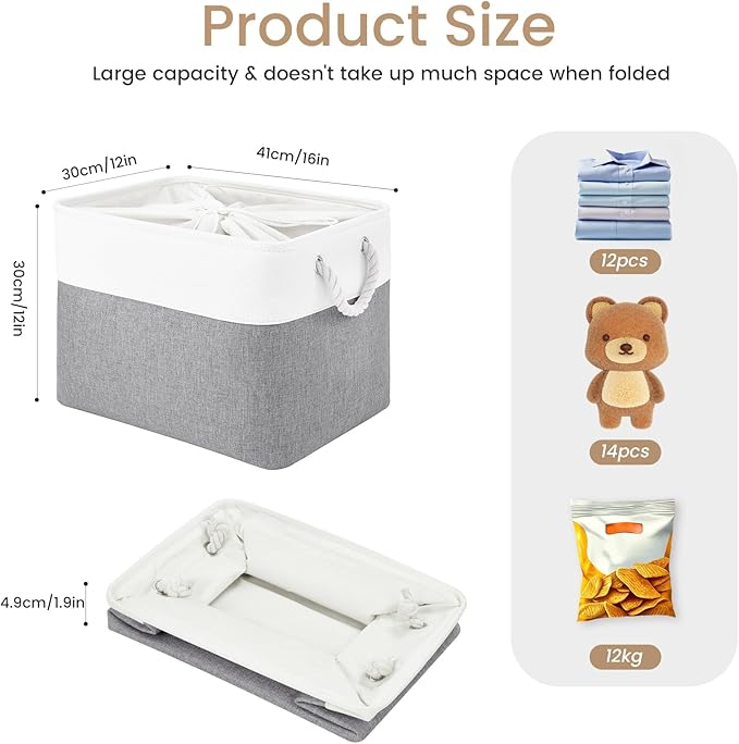 Large Storage Baskets- 16x12x12 inch Storage Bins for Shelves and Closet Organizing, Foldable Fabric Bin for Home Organization Clothes and Laundry (1-Pack, White&Gray)