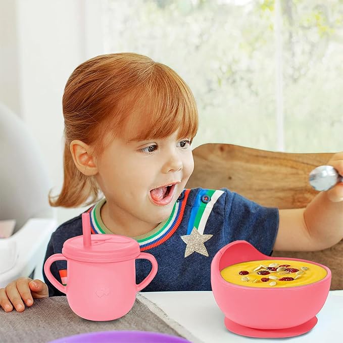 100% Silicone baby feeding set,BPA free Baby dishes set with Suction Bowl Divided Plate,Toddler Self Feeding Dish Set with Spoons Forks Sippy Cup And Bib, Baby Eating Utensils (Hot Pink)