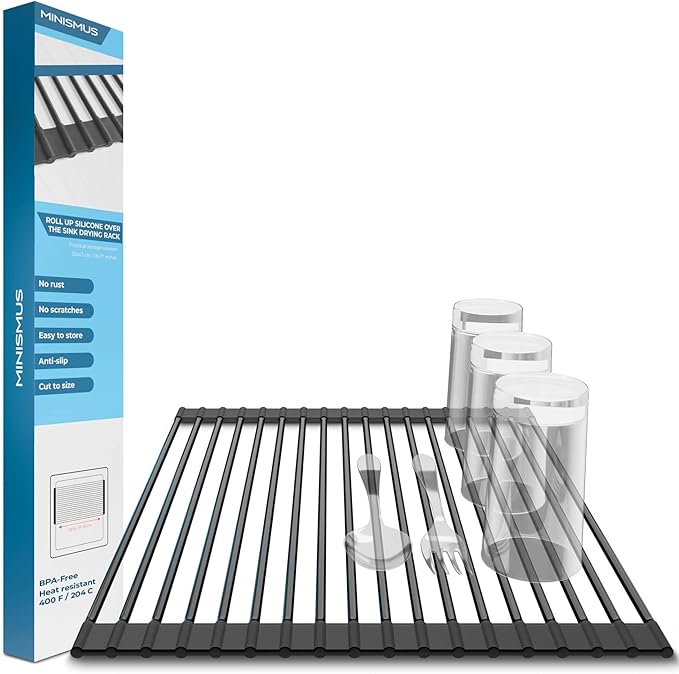 Minismus Over Sink Drying Rack - 13x17 Inches, Black, Roll Up Dish Drying Rack for Kitchen Sink