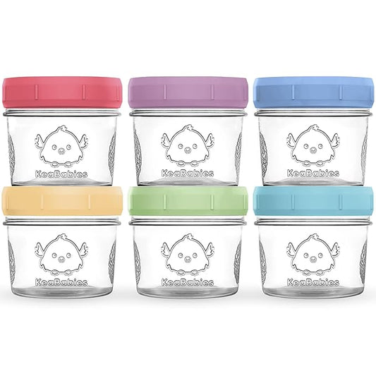 KeaBabies 6pk 4oz Glass Baby Food Containers with Lids - Leak-Proof, Microwavable Small Glass Jars, Baby Purees & Toddler Snack Storage Containers