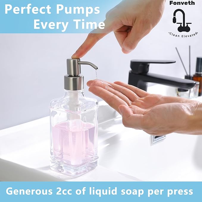 Clear Glass Soap Dispenser with Brushed Nickel Pump, 10 OZ Rectangle Glass Bottle with Stainless Steel Pump Refillable Liquid Hand Soap Dispenser Square Slim for Bathroom Kitchen
