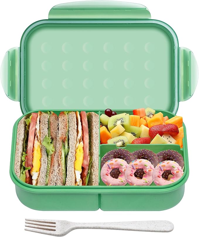 Itopor Wheat Straw Bento Box Adult Leak-Proof Lunch Box with Fork, 3-Compartment Lunch Containers for Adults & Teens, BPA-Free