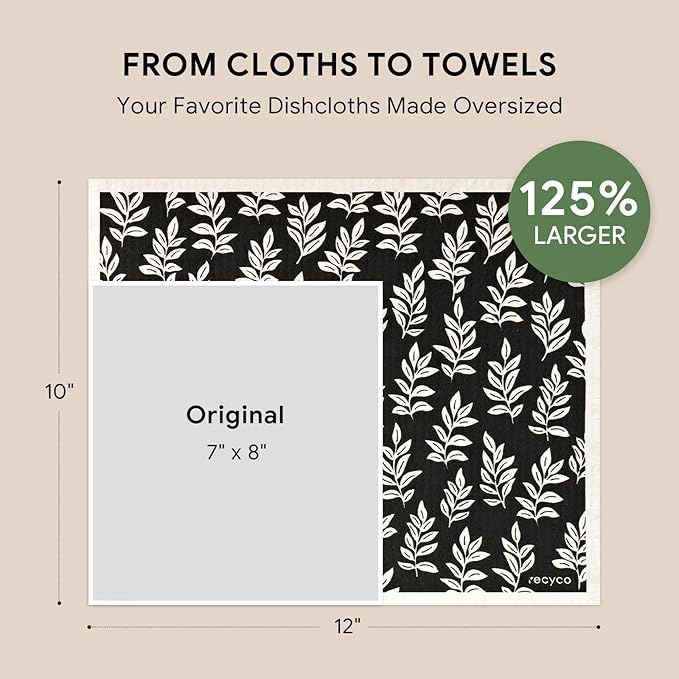 RECYCO Swedish Dishcloths for Kitchen | 4 Pack Oversized Washable Dish Rags | Large Cellulose Reusable Cleaning Paper Towels | Absorbent Counter Dish Cloth Sponge XL Kitchen Wipes, 12" L x 10" W