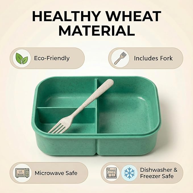 MISS BIG® Bento Box for Adults – Reusable Wheat Material Lunch Box with Compartments, Leak Proof Food Container for Meal Prep, Work & Home