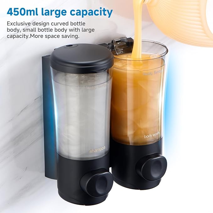 Shampoo and Conditioner Dispenser No Drill Shower Soap Dispenser Wall Mounted Shower Dispenser 2 Chamber with Upgrade Smooth Pump Head Bathroom Body Wash Soap Dispenser Set 450ml*2 Black