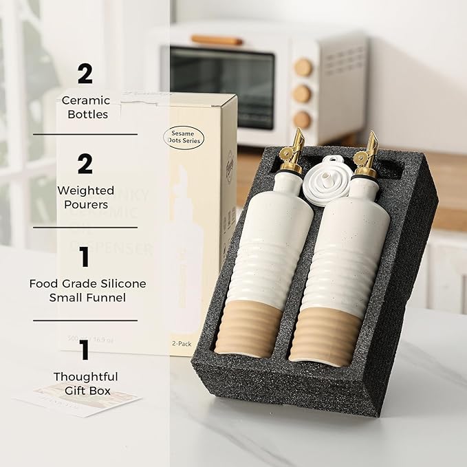 Frewinky 16.9oz Olive Oil Dispenser Bottle with Funnel, Ceramic Oil Dispenser for Kitchen, White Cooking Oil Dispenser for Storage Oil, Vinegar, Syrups & Other Liquids, Set of 2