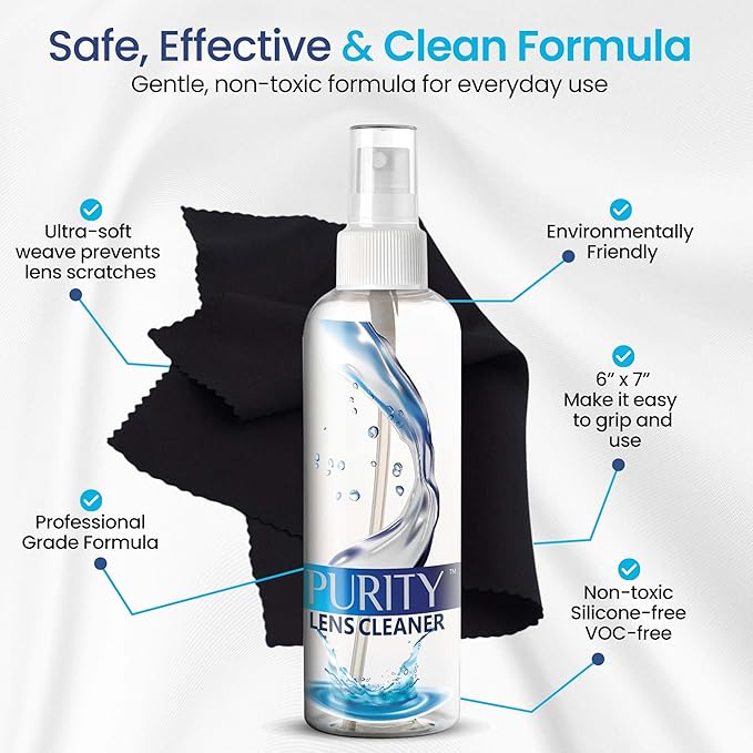 Purity Eyeglass Lens Cleaner Spray Kit - 3 x 8oz Lens Cleaner Spray Bottle + 2 Microfiber Cloth for Cleaning - Safe for All Lenses