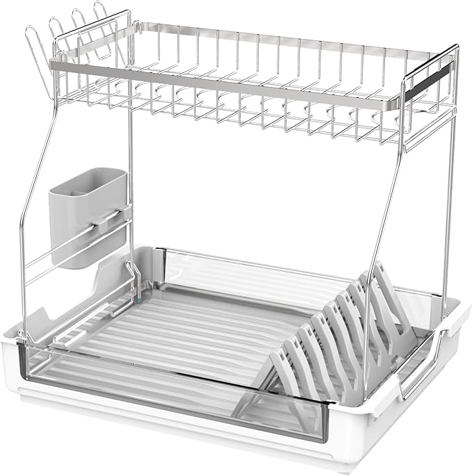 Rustproof Dish Drying Rack, 2 Tier Large Dish Rack,17.13"(L) x 13.2"(W) x 15.35"(H), Detachable Dish Drainer Organizer with Utensil Holder, Drainboard,White