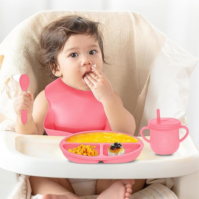 100% Silicone baby feeding set,BPA free Baby dishes set with Suction Bowl Divided Plate,Toddler Self Feeding Dish Set with Spoons Forks Sippy Cup And Bib, Baby Eating Utensils (Hot Pink)