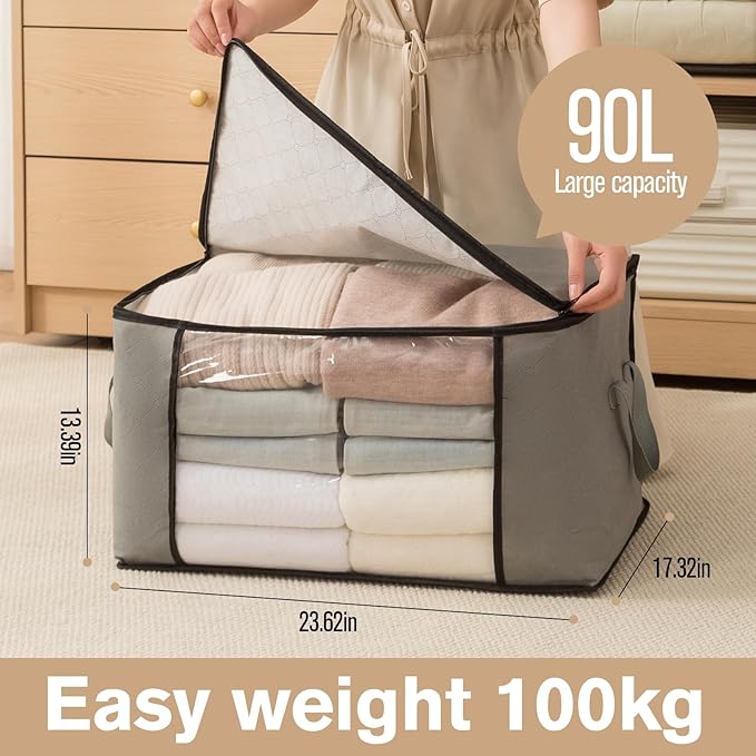 Large Storage Bags,Clothes Storage Bins Foldable Closet Organizers Storage Containers with Durable Handles Thick Fabric for Blanket Comforter Clothing Bedding grey, 90L(4Pick)