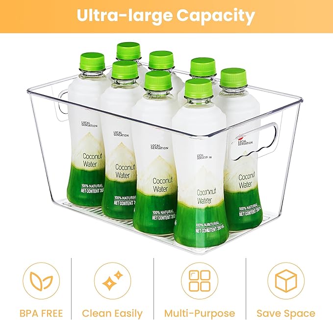 6 Pack Clear Pantry Organizer Bins, Plastic Containers with Handle for Kitchen