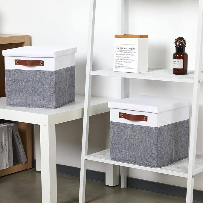 Foldable Fabric Storage Bins with Lids, White&Grey, 10.5x10.5x10.5in