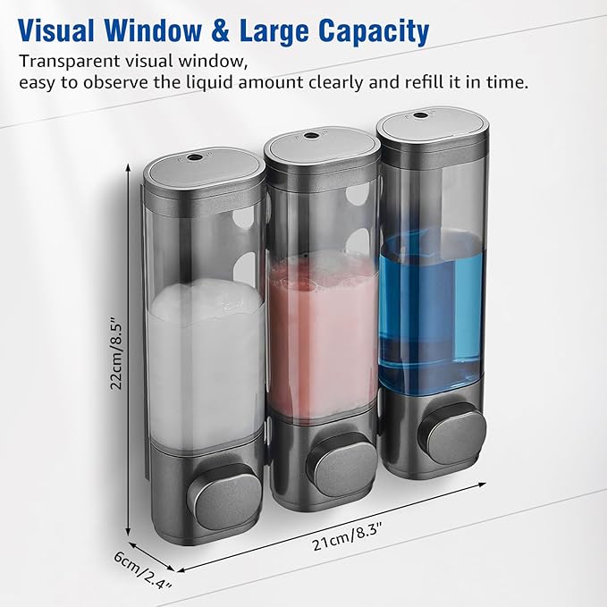 Shampoo and Conditioner Dispenser 3 Chamber No Drill,Shower Soap Pump Dispenser Wall Mounted,Body Wash Dispenser,Shower Gel Shampoo Holder for Bathroom Accessories,Gungrey