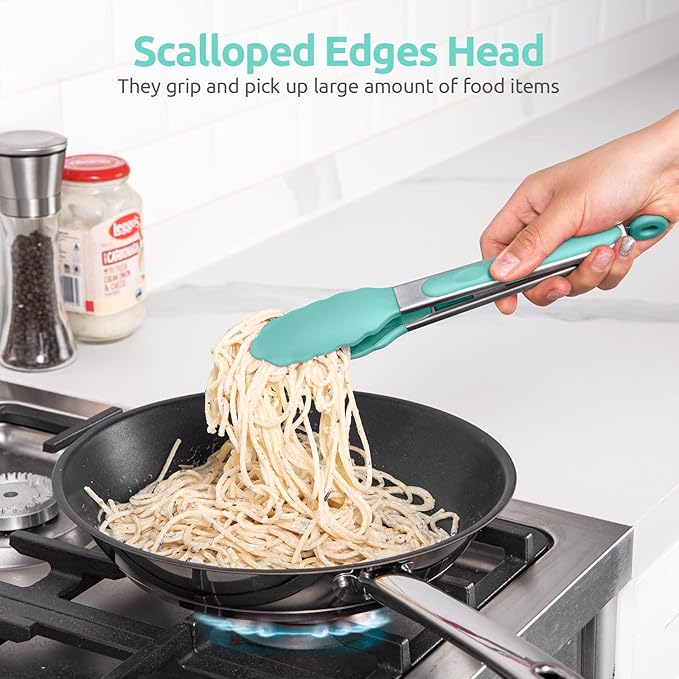 600ºF Heat Resistant Kitchen Tongs: U-Taste 9 inch Silicone Cooking Tong with Firm Sealed Non Stick Rubber Tips & Silicon Coated 18/8 Stainless Steel Handle & Smooth Locking for Serving Salad-Aqua Sky