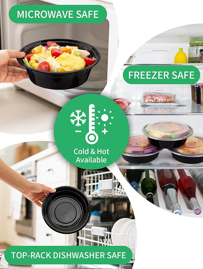 UMT Plastar 32 oz Round Meal Prep Bowls with Lids, 50 Pack BPA-Free To Go Food Containers, Microwave Freezer Dishwasher Safe