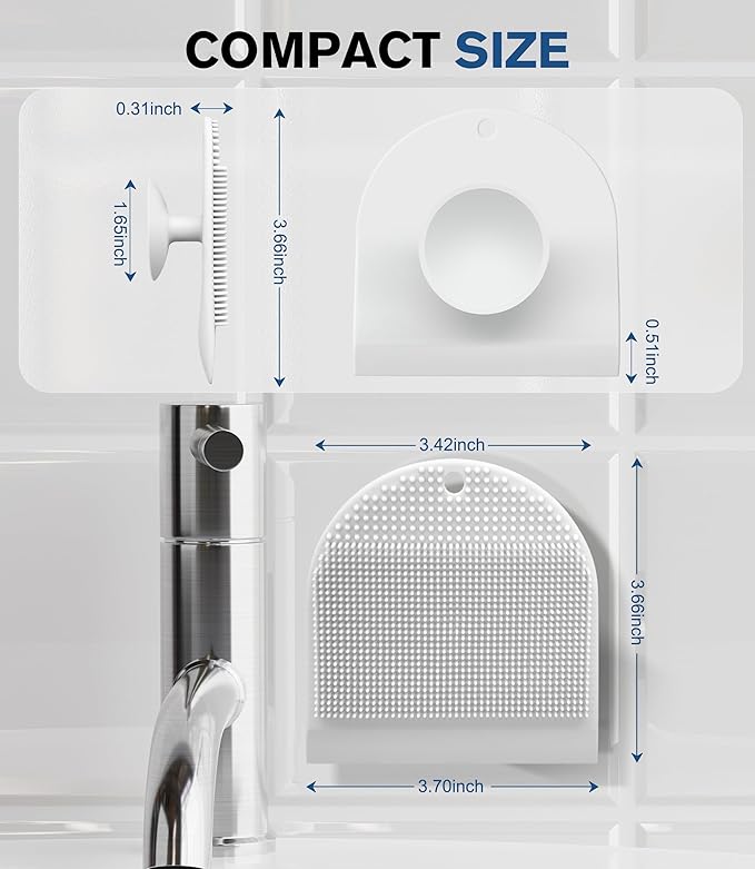 2 Pack Silicone Sink Cleaning Brush with Squeegee, Flexible Non-Scratch Dish Scrubber for Kitchen and Bathroom Sink, Countertop & Dishwashing, Suction Cup Hanging Design (White)