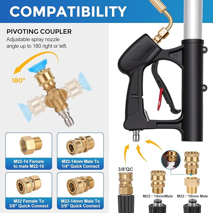 FIDISP Telescoping Pressure Washer Wand 24 FT, Gutter Cleaning Tool with Brush, Power Washer Extension Wand, Pivoting Coupling, 7 Nozzle Tips