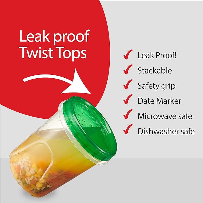 PLASTICPRO 12 Pack Twist Cap Food Storage Containers with Green Screw on Lid- 32 oz Reusable Meal Prep Containers