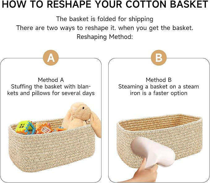 MiniArk Small Storage Baskets for Organizing | Closet Organizer Bins | Shelf Toy Basket | Woven Rope Baskets | Cube Decorative Box | Shallow Basket | 11.5x7.5x4.7” | 3 Packs White Brown