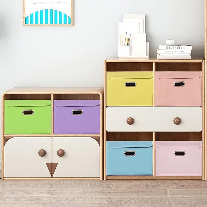STOREONE Fabric Storage Cube Bins Foldable Organizer Container Collapsible Basket with Lids and Metal Handles, for Home, Bedroom, Closet 6 Pcs (multicolour)