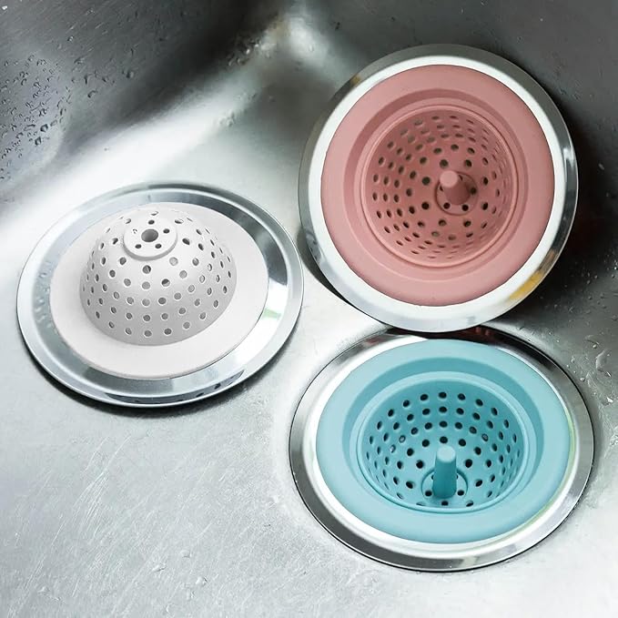 Silicone Strainer for Kitchen Sink, 2 Pack, Stainless Steel Reinforced, Basket Strainer, Drain Cover, Food Catcher, Debris Trap
