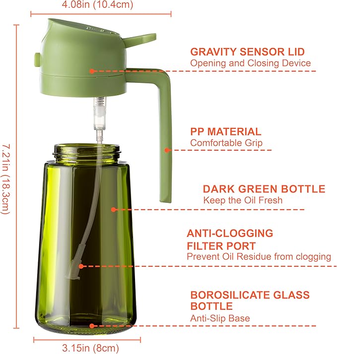 CXINYI - 16oz/470ml Olive Oil Dispenser for Kitchen with Stickers - 2 in 1 Olive Oil Sprayer for Cooking, Air Fryer, and Salad, Black&Green (Light-Proof Kitchen Gadget)