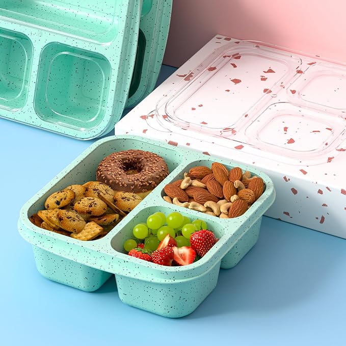 Snack Boxes (3 Pack) - Stackable Bento Boxes with 3 Compartments, Meal Prep Containers Reusable, Lightweight Lunch Containers for Kids and Adults