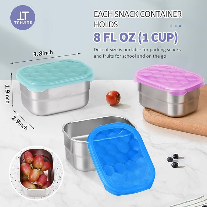 Tanjiae Snack Pro - Small (1 CUP) Stainless Steel Snack Containers for Kids | Easy Open Leak Proof Food Containers with Silicone Lids