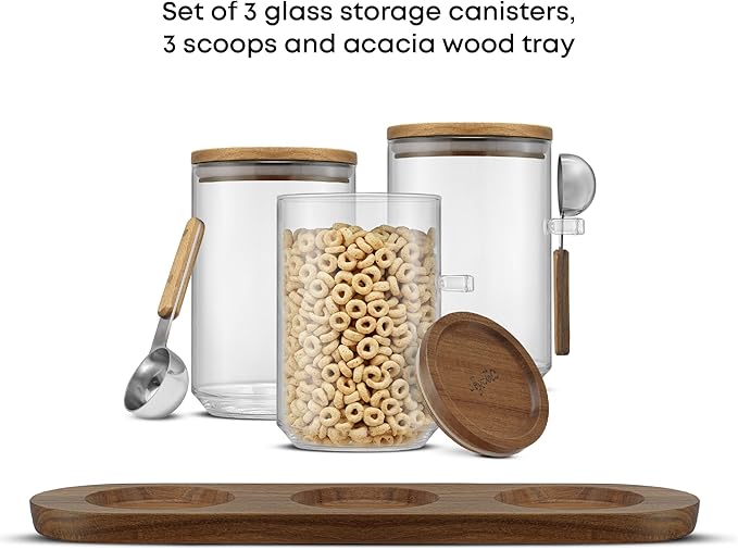 JoyJolt Holden 32oz Stackable Glass Storage Containers with Lids Scoops and Tray, Clear Airtight Food Canister Set of 3 w/Acacia Wood Lids